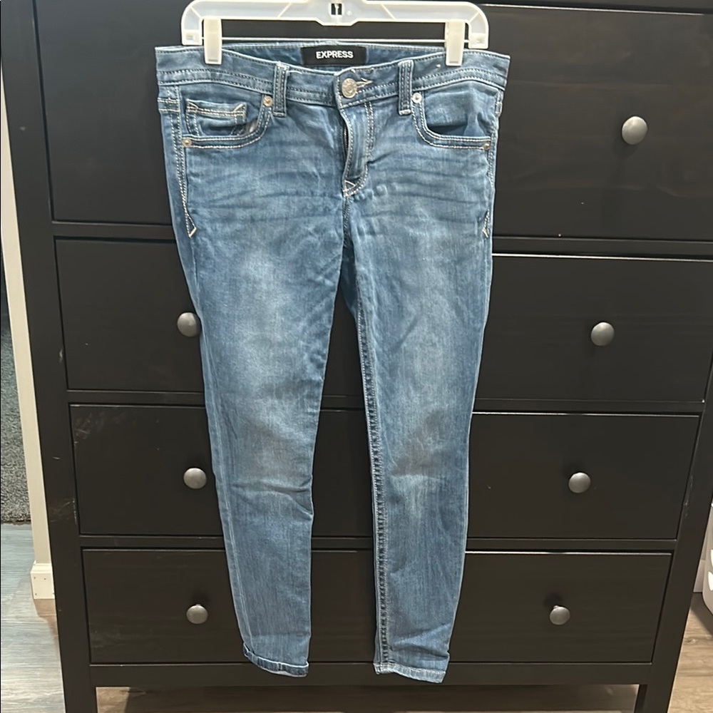 Express Blue Skinny Jeans with Distressed Look